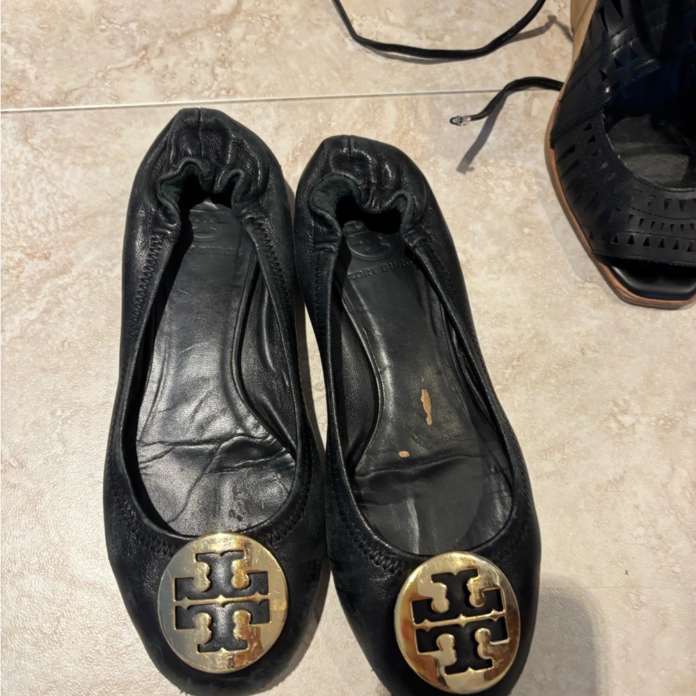 Tory Burch Black Flats with Gold Emblem